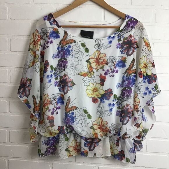 CYNTHIA Rowley silky floral butterfly sleeve top blouse round neckline large - Picture 13 of 13